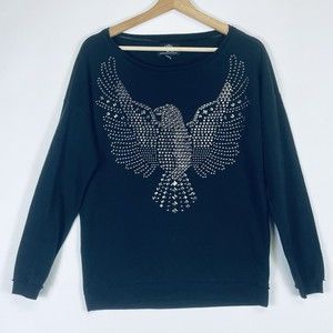 Rock & Republic Black Studded Eagle Raw French Terry Sweatshirt Top Womens Sz XS